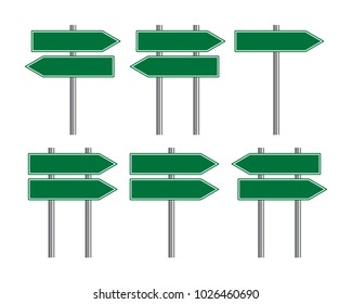Blank traffic road sign set, direction empty street signs, green arrow signposts isolated on white background, vector illustration.