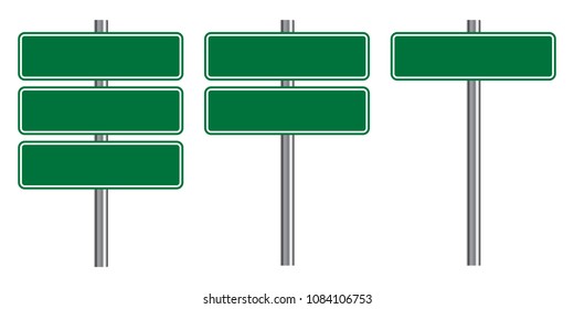 Blank Traffic Road Sign Set, Empty Street Signs, Green Isolated On White Background, Vector Illustration.