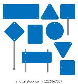 Blank traffic road sign set, empty street signs, blue isolated on white background, vector illustration.