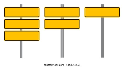 Blank traffic road sign set, empty street signs, yellow isolated on white background, vector illustration.