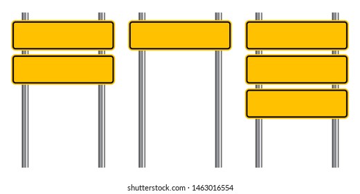 Blank traffic road sign set, empty street signs, yellow isolated on white background, vector illustration.
