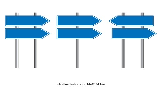 Blank traffic road sign set, direction empty street signs, blue arrow signposts isolated on white background, vector illustration.