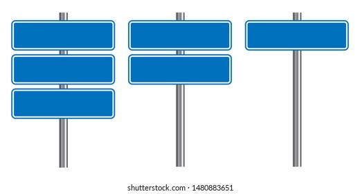 Blank traffic road sign set, empty street signs, blue isolated on white background, vector illustration.