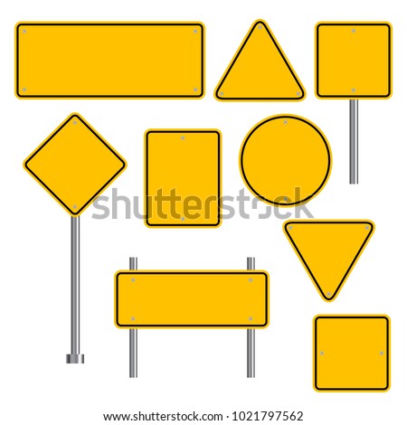 Blank traffic road sign set, empty street signs, yellow isolated on white background, vector illustration.