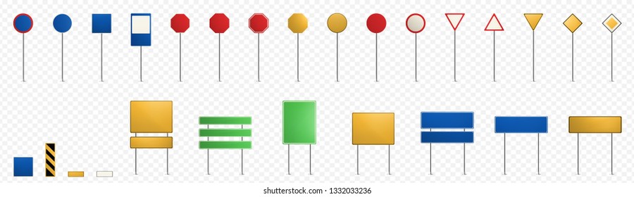 Blank traffic road signs. Empty street signs, red, blue, green and yellow isolated on transparent background. Set of vector illustrations.