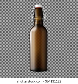 Blank transparent brown realistic beer bottle isolated on plaid background with place for your design and branding. Vector