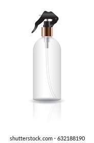 Blank transparent cosmetic round bottle with spray head for beauty product packaging. Isolated on white background with reflection shadow. Ready to use for package design. Vector illustration.