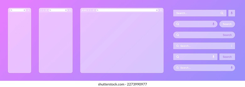 Blank transparent internet browser window with various search bar templates. Web site engine with search box, address bar and text field. UI design, website interface elements. Vector illustration