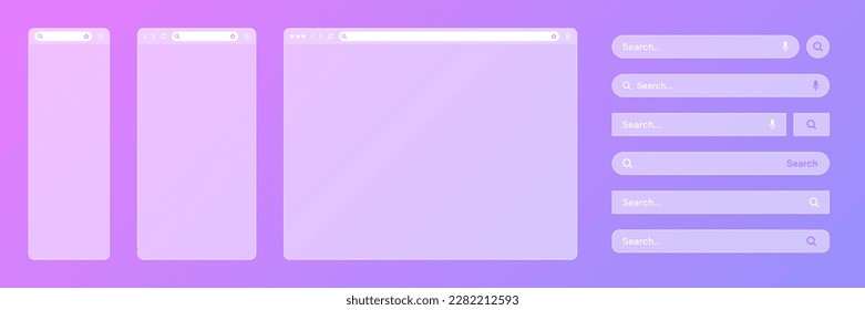 Blank transparent internet browser window with various search bar templates. Web site engine with search box, address bar and text field. UI design, website interface elements. Vector illustration