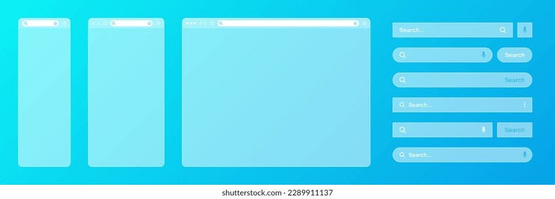 Blank transparent internet browser window with various search bar templates. Web site engine with search box, address bar and text field. UI design, website interface elements. Vector illustration