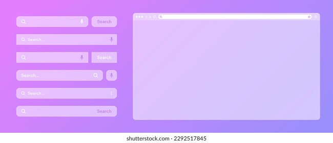 Blank transparent internet browser window with various search bar templates. Web site engine with search box, address bar and text field. UI design, website interface elements. Vector illustration