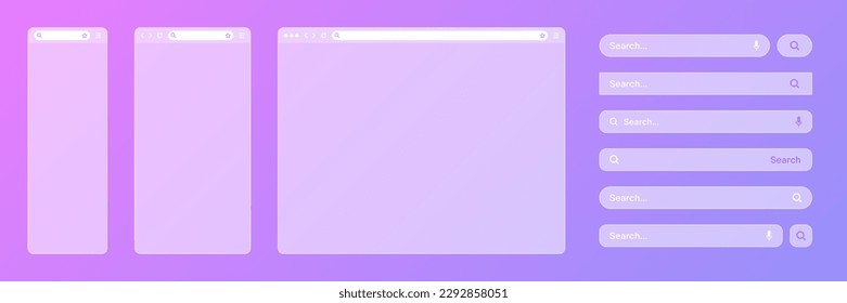 Blank transparent internet browser window with various search bar templates. Web site engine with search box, address bar and text field. UI design, website interface elements. Vector illustration