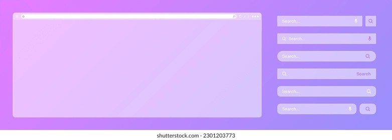 Blank transparent internet browser window with various search bar templates. Web site engine with search box, address bar and text field. UI design, website interface elements. Vector illustration.
