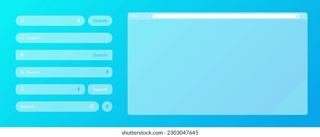 Blank transparent internet browser window with various search bar templates. Web site engine with search box, address bar and text field. UI design, website interface elements. Vector illustration