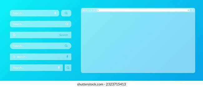 Blank transparent internet browser window with various search bar templates. Web site engine with search box, address bar and text field. UI design, website interface elements. Vector illustration