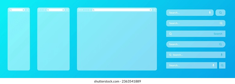 Blank transparent internet browser window with various search bar templates. Web site engine with search box, address bar and text field. UI design, website interface elements. Vector illustration