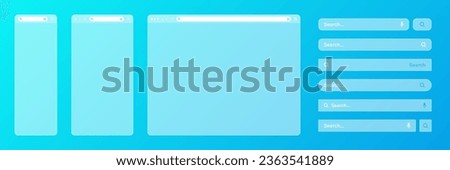 Blank transparent internet browser window with various search bar templates. Web site engine with search box, address bar and text field. UI design, website interface elements. Vector illustration