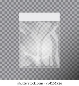 Blank transparent plastic bag template. White packaging with hang slot. Mockup Vector illustration for your design