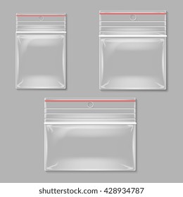 Blank transparent plastic zipper bag vector set. Empty container plastic, polythene container set illustration
