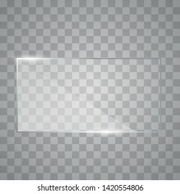 Blank, transparent vector glass plate. Vector square glass frame. Clear glass showcase. Realistic window mockup. 