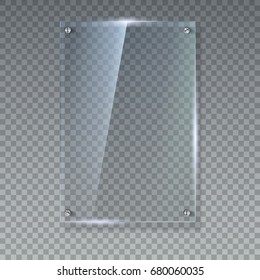 Placa de vidrio vectorial transparente en blanco. Plantilla vectorial, banner vertical con espacio de copia. Foto textura realista con realces y resplandor en el transparente. Vea a través de la ilustración 3D de plástico.