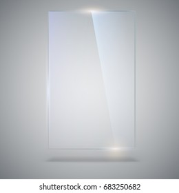 Blank, transparent vector glass plate. Vector template, vertical banner with copy-space. Photo realistic texture with highlights and glow on the background. See through the plastic, 3D illustration.