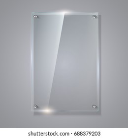 Blank, transparent vector glass plate. Vector template, vertical banner with copy-space. Photo realistic texture with highlights and glow on the background. See through the plastic, 3D illustration.