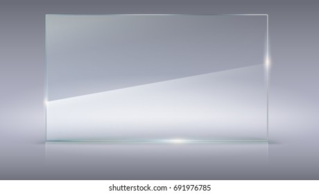 Blank, transparent vector glass plate. Vector template, horizontal banner with copy-space. Photo realistic texture with highlights and glow on the background. See through the plastic, 3D illustration.