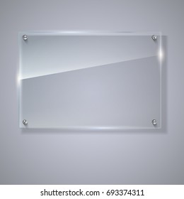 Blank, transparent vector glass plate. Vector template, horizontal banner with copy-space. Photo realistic texture with highlights and glow on the background. See through the plastic, 3D illustration.