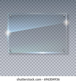 Placa de vidrio vectorial transparente en blanco. Plantilla vectorial, banner de maqueta con espacio de copia. Foto textura realista con realces y resplandor en el transparente. Vea a través de la ilustración 3D de plástico.