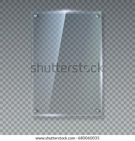 Blank, transparent vector glass plate. Vector template, vertical banner with copy-space. Photo realistic texture with highlights and glow on the transparent. See through the plastic, 3D illustration.