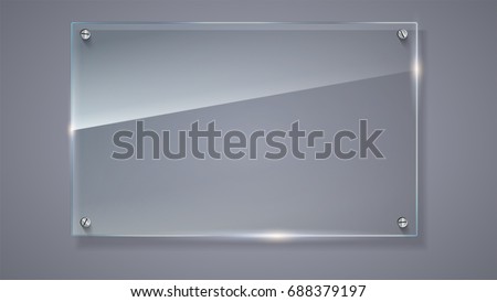 Blank, transparent vector glass plate. Vector template, horizontal banner with copy-space. Photo realistic texture with highlights and glow on the background. See through the plastic, 3D illustration.