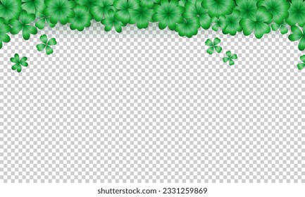 Blank transparent wallpaper with realistic green clovers and copy space. Banner with different cartoon trefoil as an Irish symbol, sign of luck, fortune. Background with shamrock for St Patrick Day