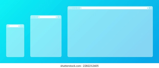 Blank transparent web browser window with toolbar and search field on colorful background. Modern website, internet page. Browser mockup for computer, tablet and smartphone. Vector illustration