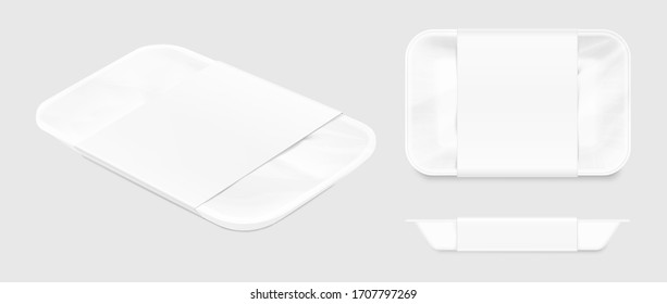 Blank tray mockup container. Top, side, perspective view. Vector illustration on grey background. Template ready for your design. EPS10.	