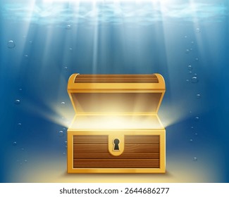 Blank treasure chest with glow inside, on the ocean floor. Vector illustration
