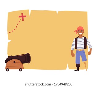 Blank treasure map template with cartoon pirate and cannon gun isolated on white background. Old piece of parchment paper with empty copy space - flat vector illustration.