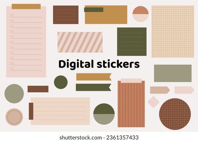 Pegatinas digitales de moda en blanco. Papeles de notas digitales y stickers para el periodismo o la planificación de balas. stickers de planificadores digitales. Arte vectorial.