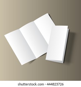 Blank tri fold cover flyer on gold background. 3D illustration with soft shadows. Vector EPS10.