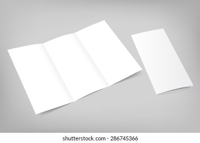 Blank Tri Fold Flyer With Cover On Gray Background. 3D Illustration With Soft Shadows. Vector EPS10 Illustration.