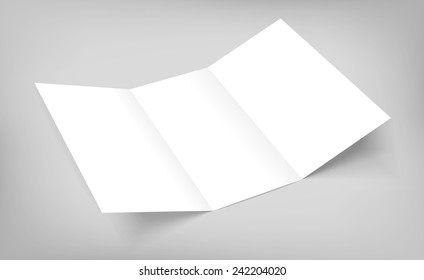 Blank tri fold paper flyer on gray background. 3D illustration with soft shadows.