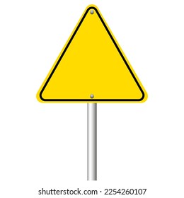 Blank triangle shaped yellow road sign on white background