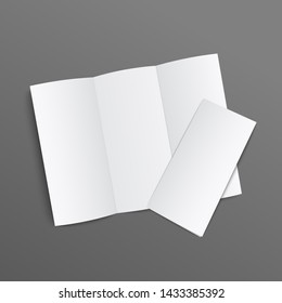 Blank trifold leaflet realistic mockup, white brochure type document with three folds open and closed. Flat lay view of empty paper pamphlet isolated on dark background, vector illustration