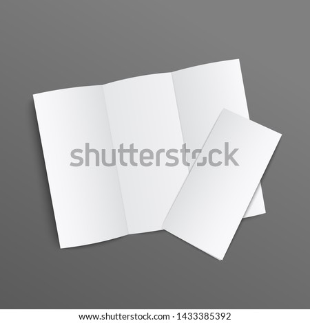 Blank trifold leaflet realistic mockup, white brochure type document with three folds open and closed. Flat lay view of empty paper pamphlet isolated on dark background, vector illustration
