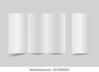 Blank trifold open leaflet, three panel fold with shadows mockup template on background .Open booklet, thank you card, notecards, flyer, greeting card, wedding invitation, postcard, brochure. Vector
