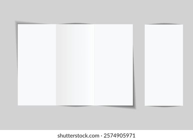 Blank trifold open leaflet, three panel fold with shadows mockup template on background .Open booklet, thank you card, notecards, flyer, greeting card, wedding invitation, postcard, brochure. Vector
