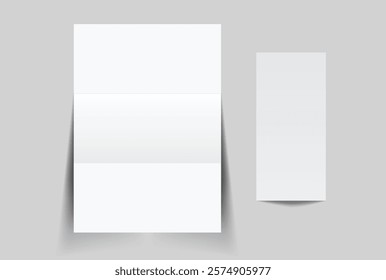 Blank trifold open leaflet, three panel fold with shadows mockup template on background .Open booklet, thank you card, notecards, flyer, greeting card, wedding invitation, postcard, brochure. Vector
