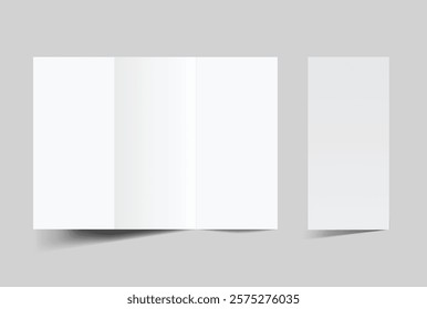 Blank trifold open leaflet, three panel fold with shadows mockup template on background .Open booklet, thank you card, notecards, flyer, greeting card, wedding invitation, postcard, brochure. Vector
