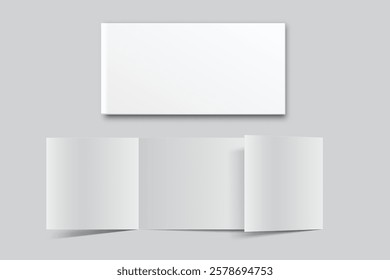 Blank trifold open leaflet, three panel fold with shadows mockup template on background .Open booklet, thank you card, notecards, flyer, greeting card, wedding invitation, postcard, brochure. Vector
