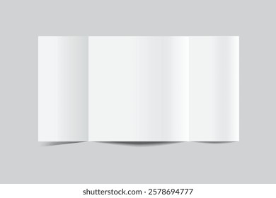 Blank trifold open leaflet, three panel fold with shadows mockup template on background .Open booklet, thank you card, notecards, flyer, greeting card, wedding invitation, postcard, brochure. Vector
